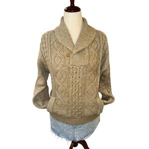 Vintage Thane Cable Knit Sweater Shawl Collar Pockets Acrylic Women's L